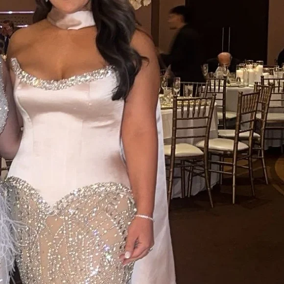 Elegant Beaded Cream Evening Gown - Picture 2 of 11